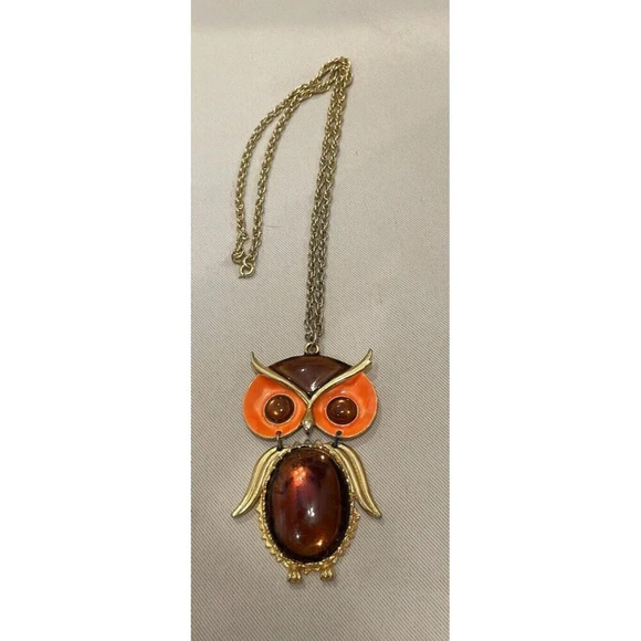 Owl Necklace Lucite Eyes Belly 3D Hinged Gold Tone Articulated Vintage Retro - Picture 1 of 5